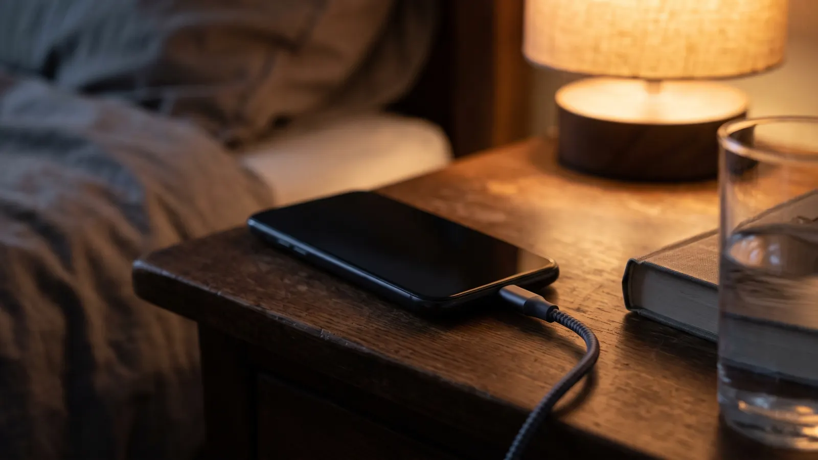 Phone charging overnight on a bedside table
