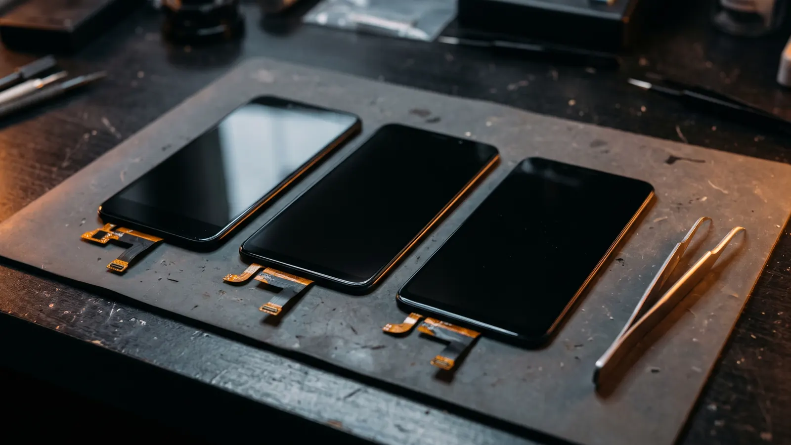 Three replacement phone screens side by side on a repair bench
