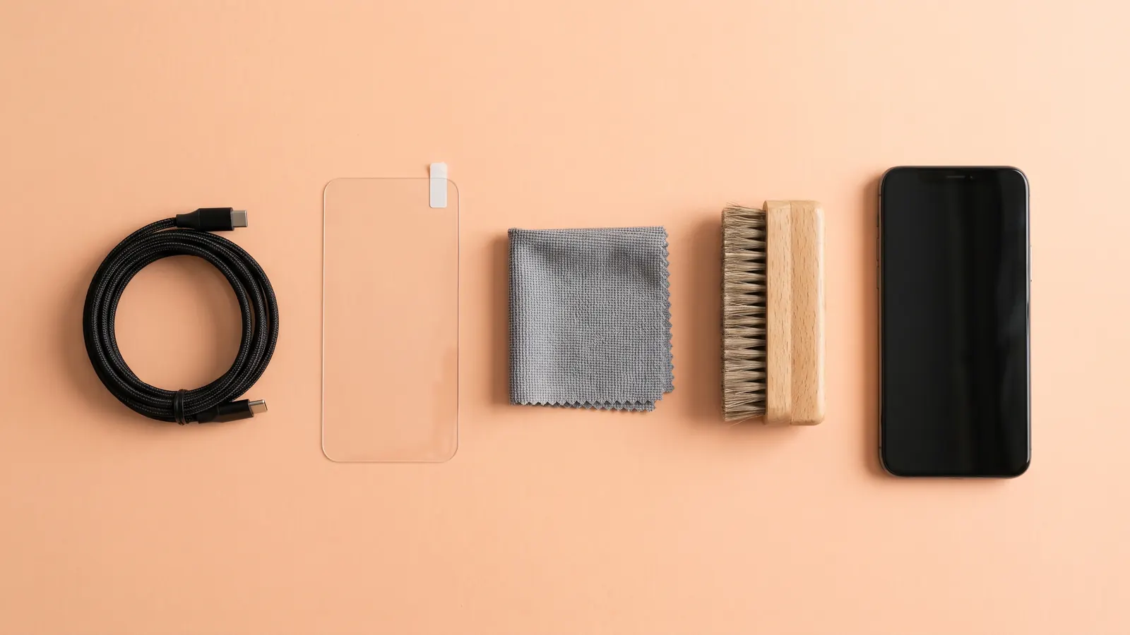 Phone care kit: cable, screen protector, microfibre cloth, brush and phone