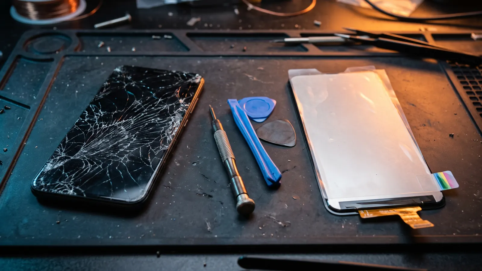 A phone with a shattered screen next to a new replacement display on a repair bench