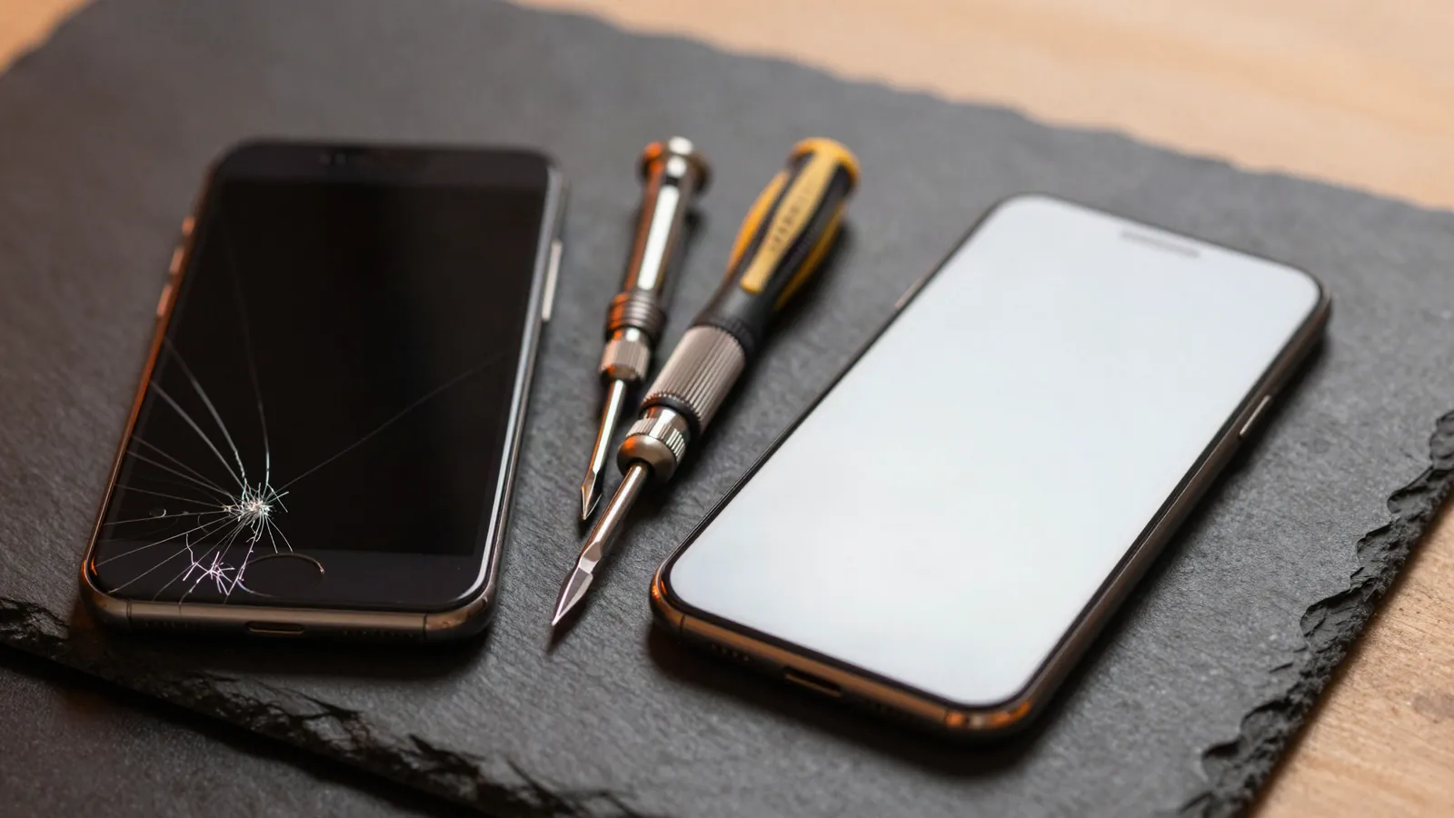 Cracked phone next to a new phone on a repair bench, deciding whether to fix or upgrade