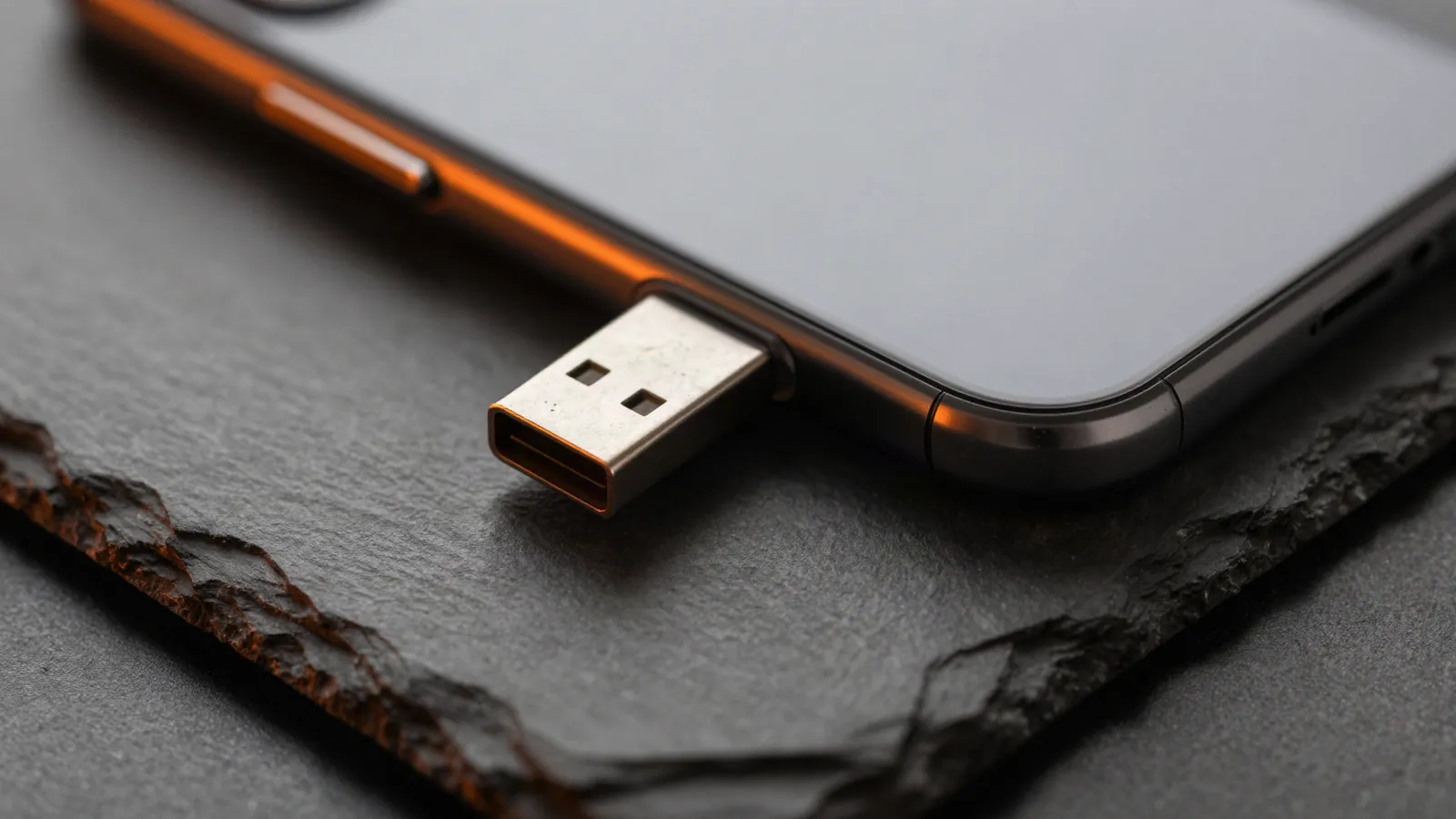 Small flash drive beside a phone on dark slate