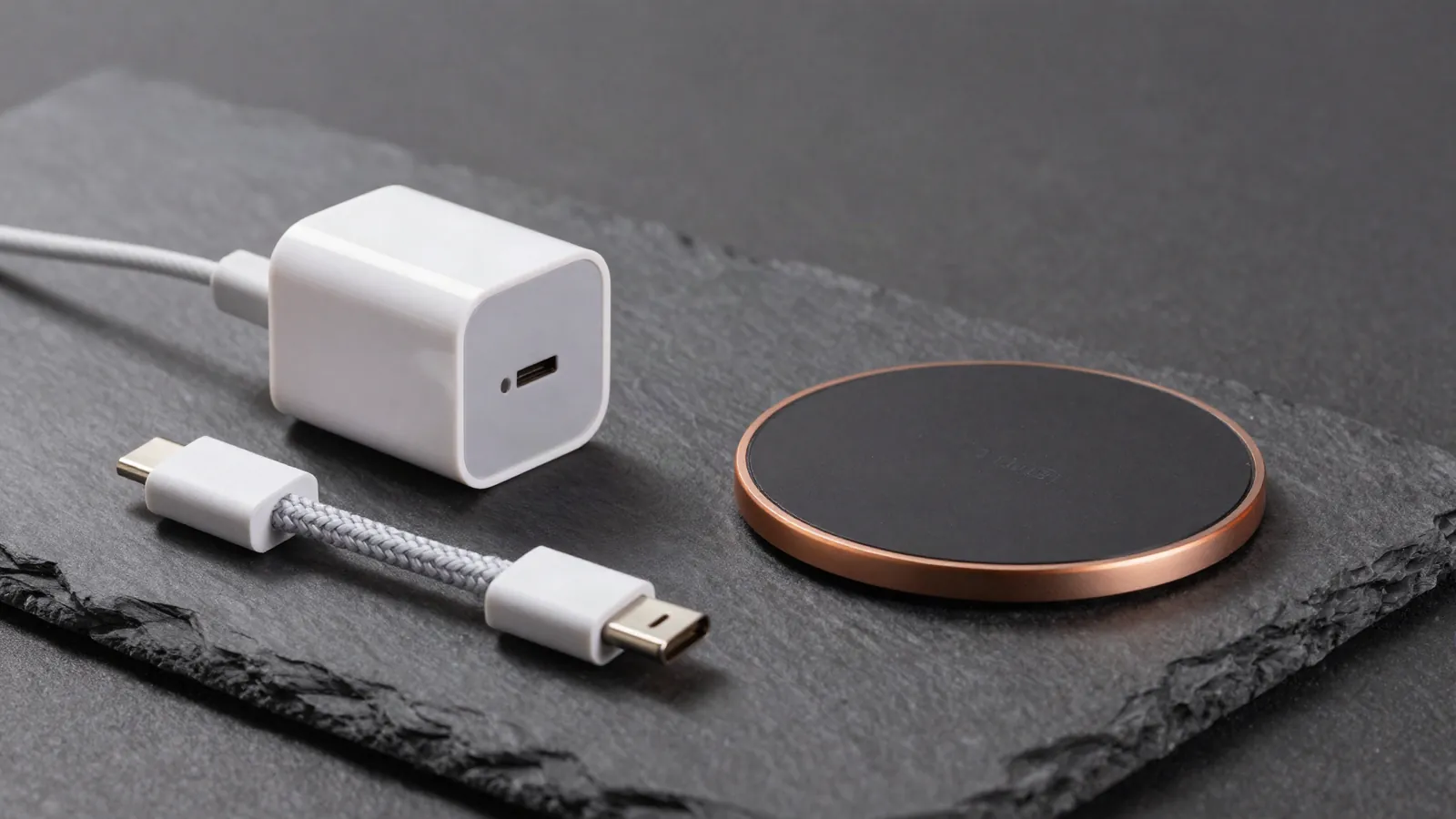 USB-C wall charger, braided cable and magnetic wireless charger on a dark stone surface