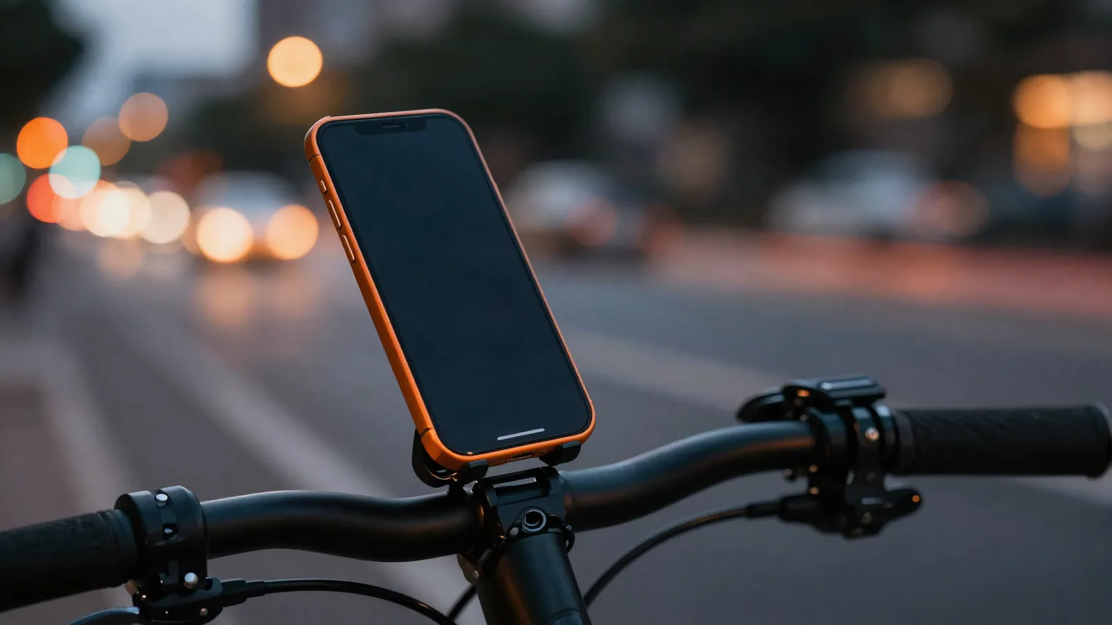 Phone held in a handlebar mount on a bicycle at dusk