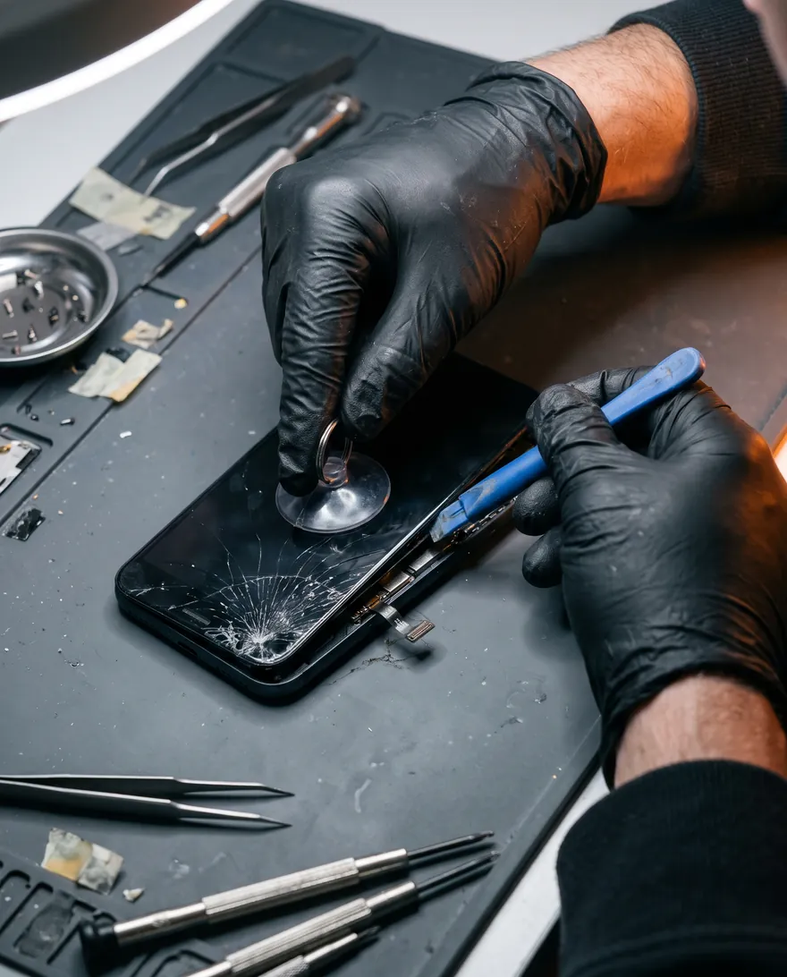 Technician's hands replacing a cracked phone screen